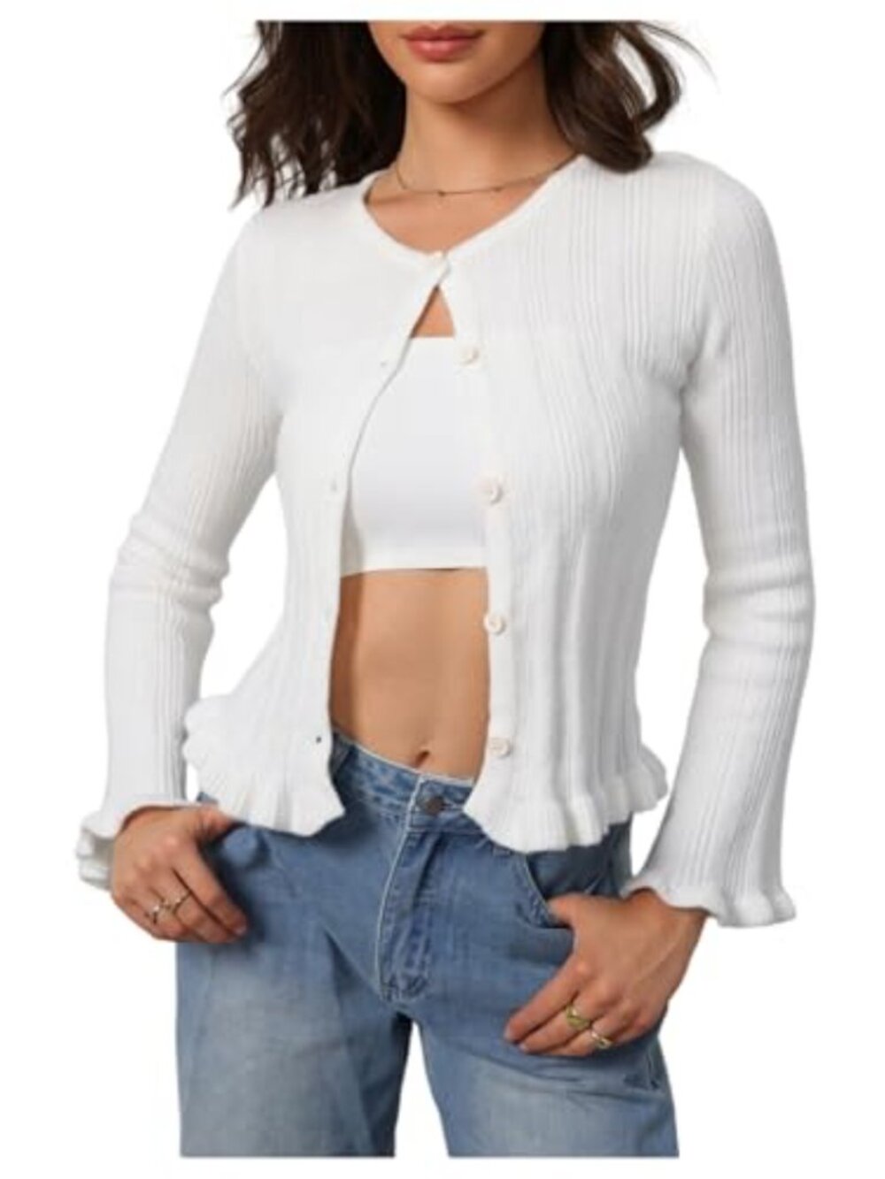 Ruffle Knit Cardigan Women Long Sleeve Crew Neck Button Up Cropped Slim Fit Fall